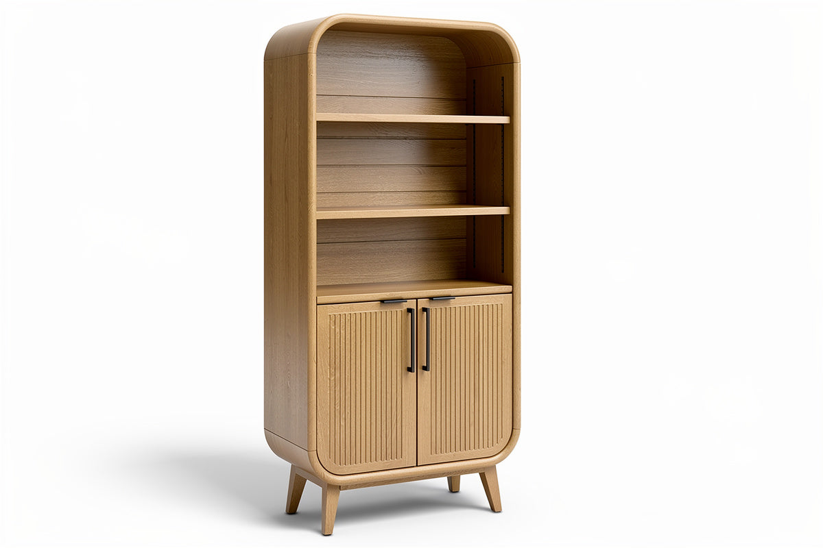 **Technische titel in het Nederlands:** Moderne houten opbergkast met planken en deuren